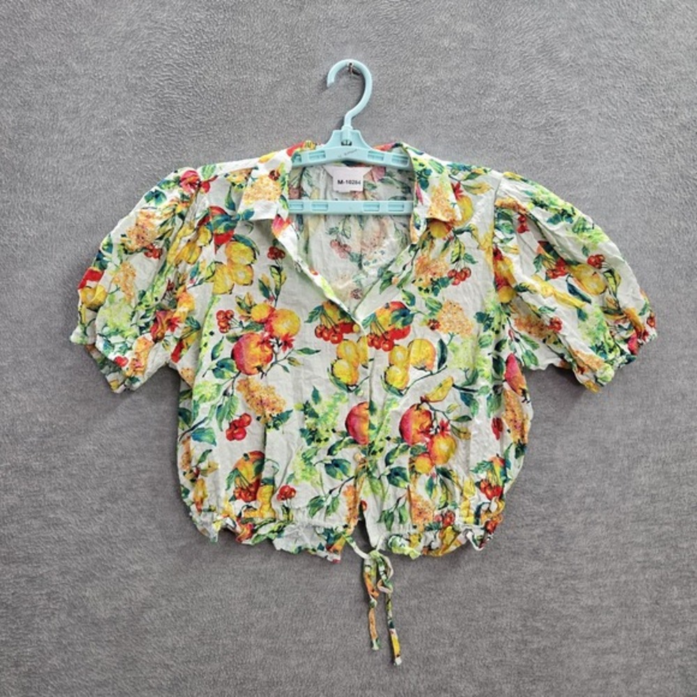 Lauren Conrad Women Blouse L White Crop Floral Tie Elastic‎ V-Neck